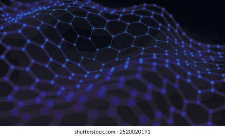 Futuristic hexagon wave. Abstract hexagon wave pattern. Dark cyberspace. Abstract wave with dots and line. 3d vector illustration.