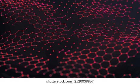 Onda hexágono futurista. Padrão de onda hexágono abstrato. Ciberespaço escuro. Onda abstrata com pontos e linha. Ilustração de vetor 3d.