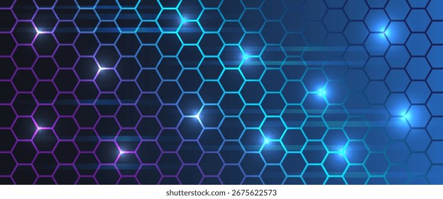 Futuristic hexagonal grid with glowing neon lights in blue and purple colors. Abstract digital background for technology, innovation, medicine and science concepts.
