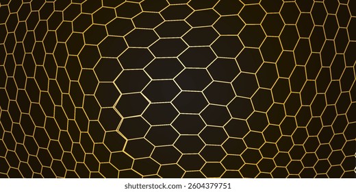Futuristic hexagonal grid pattern with a glowing golden outline on a dark background. A dynamic and modern design, perfect for technology, cybersecurity, and digital themes.