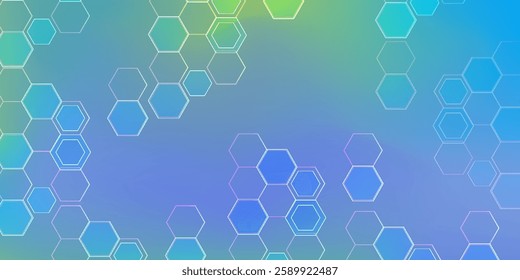 Futuristic hexagonal pattern with a gradient blue-green background. Abstract geometric technology design with transparent hexagons, modern digital aesthetic, and soft glowing edges.