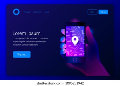 Futuristic hi tech mobile navigation technology concept. Gps navigation app on mobile phone. Hand holds smartphone. Tracking system. Trendy style. Landing page template. Vector illustration.