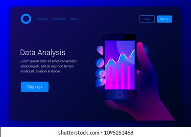 Futuristic hi tech mobile technology concept. Market trend analysis on smartphone with line chart and graphs. Hand holds phone. Design infographic, statistics on screen. Landing page template. Vector.