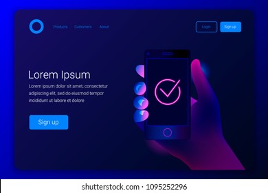 Futuristisches High-Tech-Mobiltechnologie-Konzept. Markieren Sie auf dem Smartphone-Bildschirm. Die Hand hält das Handy. Modernes Design im trendigen Stil. Seitenvorlage für die Landung.  Vektorgrafik.