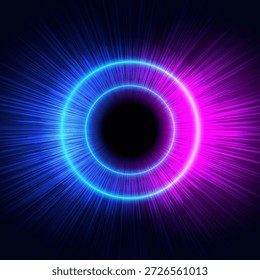 Futuristischer, energiereicher, abstrakter Bewegungshintergrund mit leuchtend rosa und blauen Neonlichtkreisen mit kosmischen Strahlen und Geschwindigkeitslinien für Technologiekonzepte