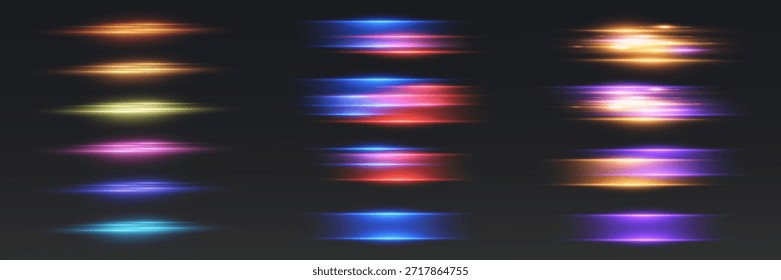 Futuristic high speed light lines of bright neon colors on a dark background.
