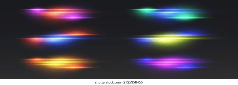 Futuristic high speed light lines of bright neon colors on a dark background.