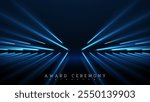 Futuristic high speed template with moving blue beam of light directed towards a dark background with glowing effect, stage backdrop for technology or award ceremony.