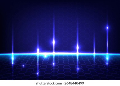 Fundo abstrato de alta tecnologia futurista com grade hexagonal azul brilhante e feixes de luz vertical, perfeito para tecnologia sci fi ou temas de inovação, ilustração vetorial