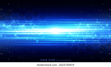 Futuristic high tech blue abstract background with glowing lights, glitter effects, and hexagon patterns. Vector illustration