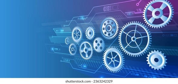 Futuristic high tech concept. Business and industry internet banner. The mechanism consisting of gears on a blue background for the presentation. Cogwheel for science experiment presentation.