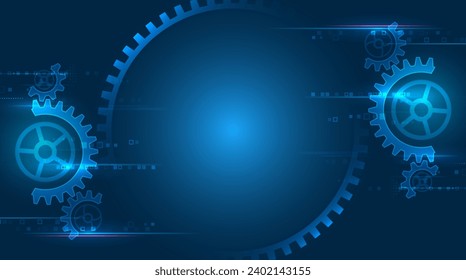 Concepto futurista de alta tecnología. Banner de Internet para empresas e industrias. Mecanismo compuesto por engranajes sobre un fondo azul para la presentación. CogWheel para presentación de experimentos científicos.