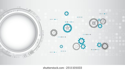 Futuristic high tech concept. Business and industry internet banner. The mechanism consisting of gears on a grey background for the presentation. Cogwheel for science experiment presentation.