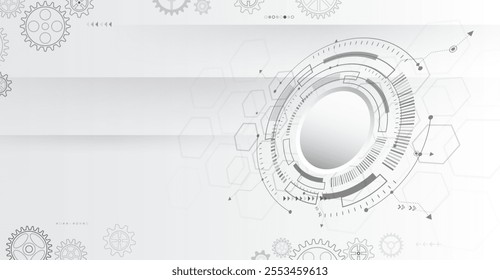 Futuristic high tech concept. Business and industry internet banner. The mechanism consisting of gears on a gray background for the presentation. Cogwheel for science experiment presentation.