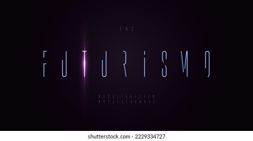 Futuristic high thin font sci-fi alphabet minimalist techno typeset. Futurism typographic design for robot science tech logo, digital cyber space headline, hud, ai. Futuro tall slim vector type. 