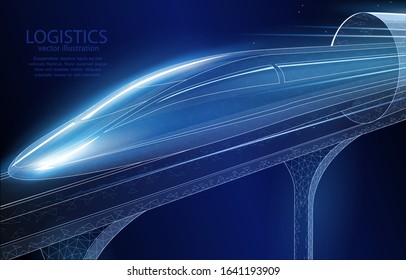 
Futuristic high-speed train leaves the tunnel on a dark blue background, a symbol of logistics of mechanical engineering, transport and progress. Vector 3d polygonal illustration concept.