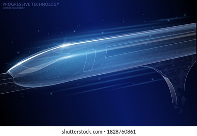 
Futuristic high-speed train on magnetic levitation and mono rail, on dark blue background. Infrastructure logistics transport technology symbol. Vector polygonal illustration concept.