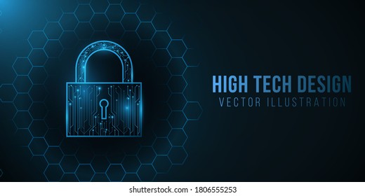 A Futuristic High-tech Lock Made From A Computer Circuit Board. Protected Data. Glowing Cyber Padlock On A Background With A Pattern Of Honeycombs. Vector Illustration. EPS 10.