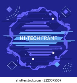Futuristic hi-tech badge, frame or border. Futuristic HUD. Modern technology banner in cyberpunk style. Abstract sci-fi text box with glitch effect. Vector illustration