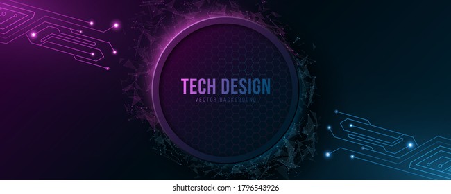 Futuristic hi-tech banner with computer circuit. Design modern technology. Glowing blue and purple neon honeycombs. Flying geometrical plexus particles. Vector illustration. EPS 10.