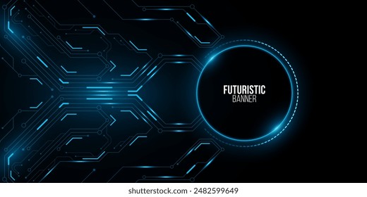 Futuristic hi-tech banner design. Glowing sci-fi HUD circle with computer circuit board. Technology background. Vector illustration. EPS 10