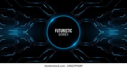 Futuristic hi-tech banner design. Glowing sci-fi HUD with computer circuit board. Modern technology background. Vector illustration. EPS 10