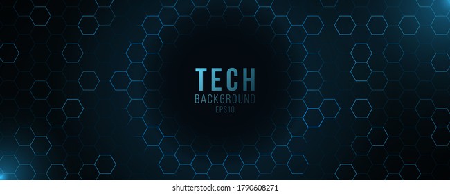 Futuristic hi-tech banner. Glowing blue neon honeycombs with flying glowing particles. Modern technology design. Vector illustration. EPS 10.