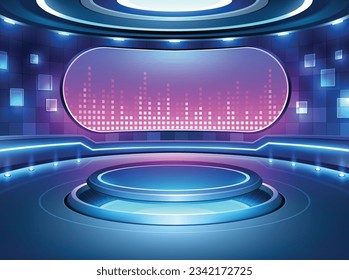 Futuristic hi-tech stage layout with sound wave led screen. Scifi digital technology concepts. Inside spaceship laboratory interior architecture and empty podium for cyberpunk product presentation