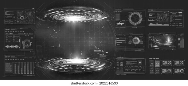 Futuristisches Hologramm von Kreisen und Dashboard. Wissenschaft, Schnittstellen, grafische Schnittstellen und technologische Steuerungselemente oder Gestaltungselemente von digitalen oder Installationsknöpfen. HUD-Elemente für UI, GUI, FUI.