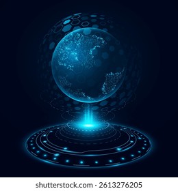 Futuristic hologram Earth globe with glowing HUD circle. Digital world map with pattern of hexagons. Global network. Modern FinTech background. Vector illustration. EPS 10