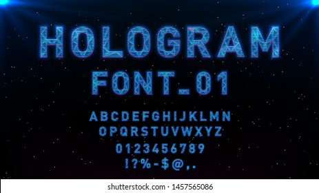 Futuristic Hologram HUD blue vector font design. English alphabet with hologram effect. Digital hi-tech style letters and symbols. Typography design for headlines, labels, posters, cover, music event