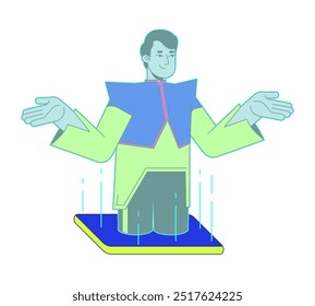 Hombre de holograma futurista fuera de la pantalla del teléfono Personaje de dibujos animados 2D. Celular de realidad aumentada. Vector plano de persona aislada holográfica humana masculina india sobre fondo blanco. Ilustración de punto colorido