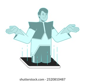 Hombre de holograma futurista fuera de la pantalla del teléfono personaje de línea 2D en blanco y negro. Celular de realidad aumentada. Hombre indio holográfico humano aislado Vector esbozo persona. Ilustración de punto monocromático