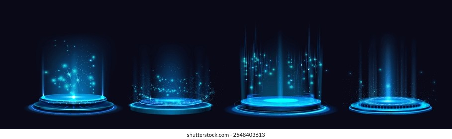 Plataformas holográficas futuristas com luzes de néon brilhantes azuis, partículas cintilantes surgindo de bases circulares. Pedestais de ficção científica com vigas e pontos flutuantes para apresentação de exposição do produto