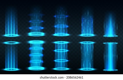 Futuristic hologram portal, magic teleport or level up effect. Realistic teleportation portal. Light aura and glowing hologram. Energy circles and rays on transparent background.