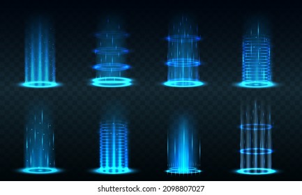 Futuristic hologram portal, magic teleport or level up effect. Realistic teleportation portal. Light aura and glowing hologram. Energy circles and rays on transparent background.