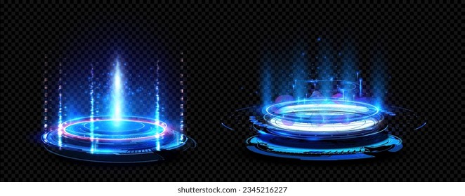 Futuristic hologram portal, magic teleport or level up effect. Glowing neon circle with light sparkles for game. Magic or cyberpunk hologram port with flare and light circle portal, podium. Vector