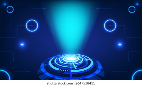 Futuristic Hologram Projection Interface Glowing Circular HUD Elements Blue Digital Spotlight in Tech Environment Background