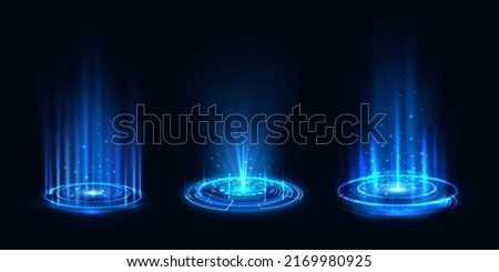 Futuristic hologram, realistic teleportation portals set. Vector illustration of light aura and glowing hologram. Energy circles and rays on black background. Portal, magic teleport or level up effect