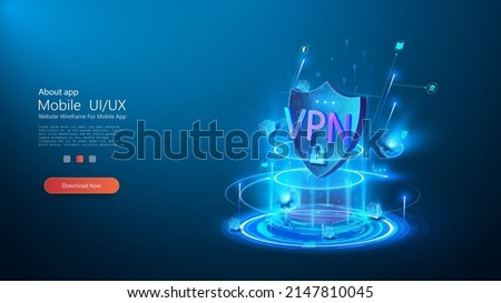 Futuristic hologram of a shield with the inscription VPN. Network security concept. Data protection. Cyber security. Virtual Private Network icon. Internet Security. Vector illustration