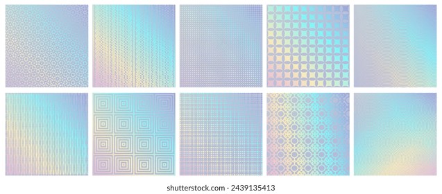 Futuristic hologram texture, set of gradient prints with glowing rainbow effect. Vector patterns with dots and squares, circles and geometric design. Cards for background, modern flyers