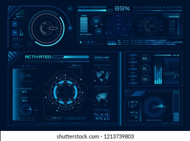 Futuristic hologram ui. Science hud interfaces, graph interface frames and tech regulators or button design elements digital graphics interface. Virtual hologram panels vector icons set