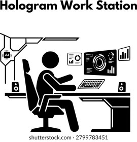 Futuristic Hologram Workstation Developer Analyzing Data Vector Icon