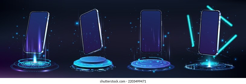 Futuristic holograms and podiums with 3D mobile phones. Mockups smartphone in lab with blank screen. 3D realistic mobile phones levitation in hologram. Futuristic portal and phones, Hi-tech. Vector