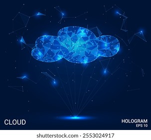 A futuristic hologram-style cloud, constructed from polygons, dots, and interconnected lines. A low-poly design embodying a cutting-edge technology concept in vector art.