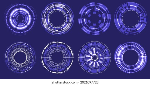 Futuristic Holographic circle of focus elements. Sci-fi round design. Military Collimator Sight. Collection HUD circuit. Camera Viewfinder set. Digital of data engineering