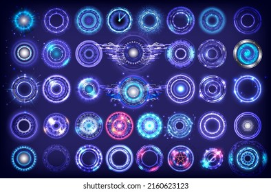 Futuristic Holographic circle of focus elements. Sci-fi round design. Military Collimator Sight. Big set of collection glowing HUD circle. Camera Viewfinder set. Technology Engineering