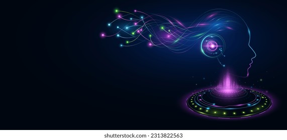 Futuristic holographic cyborg with digital isometric HUD circle. Artificial intelligence analyzes data information with neural network. AI hi-tech concept. Vector illustration. EPS 10.