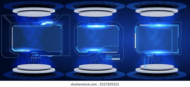 Futuristic holographic display panels with glowing blue lights hovering in a dark digital environment.