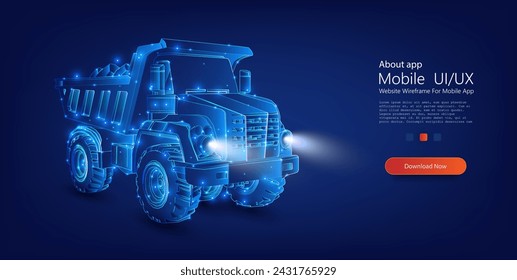 Futuristic Holographic Dump Truck on Dark Background. Striking image features a digital hologram of a dump truck, glowing in blue, highlighting the fusion of construction and advanced technology.